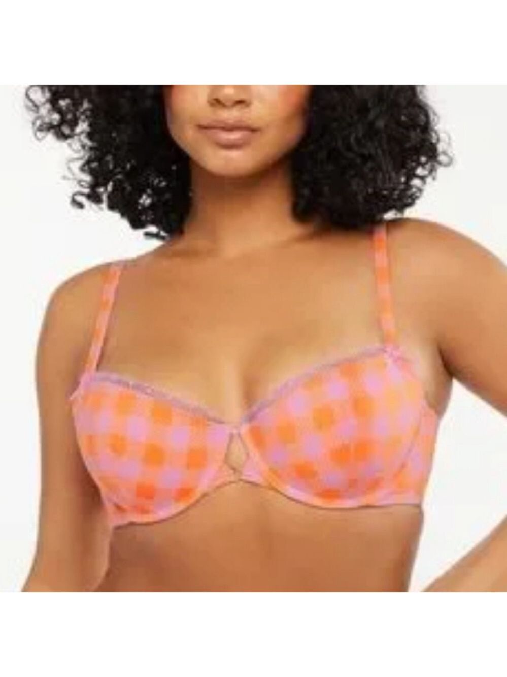 NWT Savage X Fenty Gingham Remix Unlined Plunge Bra 32B Orange Pink Checks